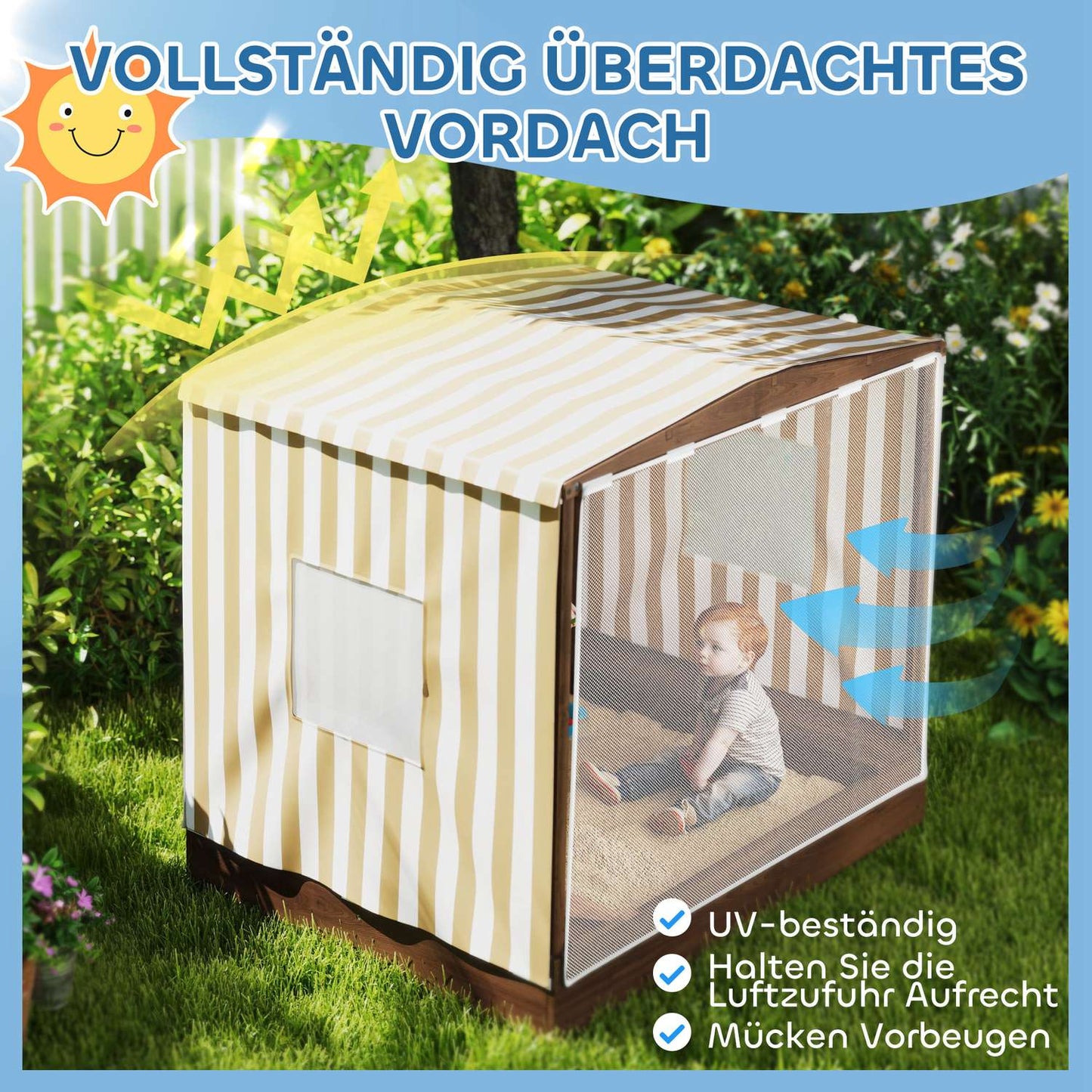 Wooden sandbox with bench & storage, 142 x 101.5 cm