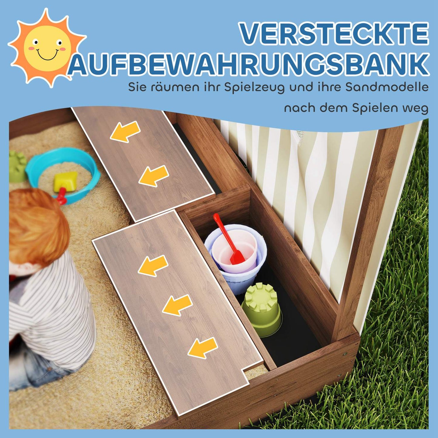 Wooden sandbox with bench & storage, 142 x 101.5 cm
