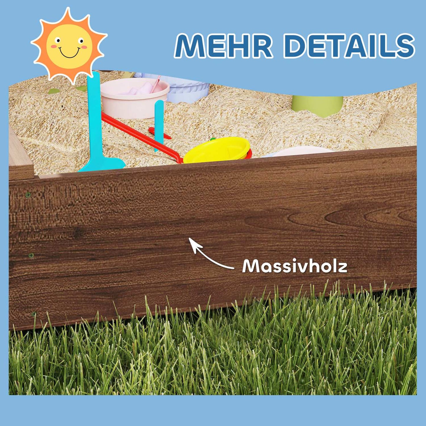 Wooden sandbox with bench & storage, 142 x 101.5 cm