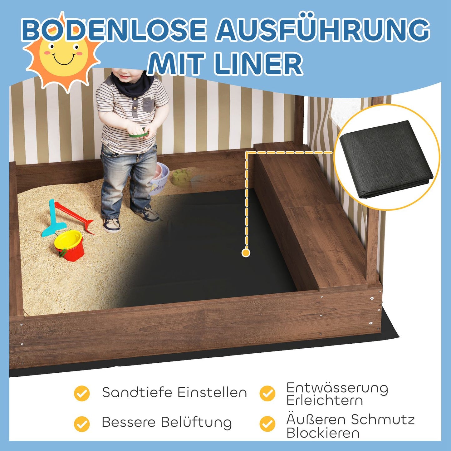 Wooden sandbox with bench & storage, 142 x 101.5 cm