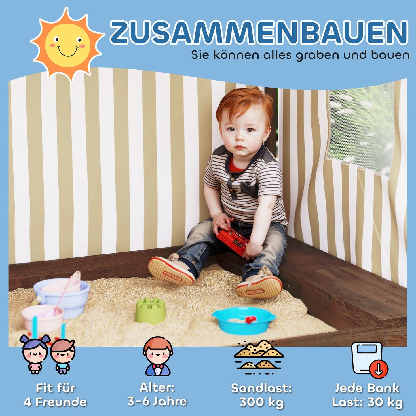 Wooden sandbox with bench & storage, 142 x 101.5 cm