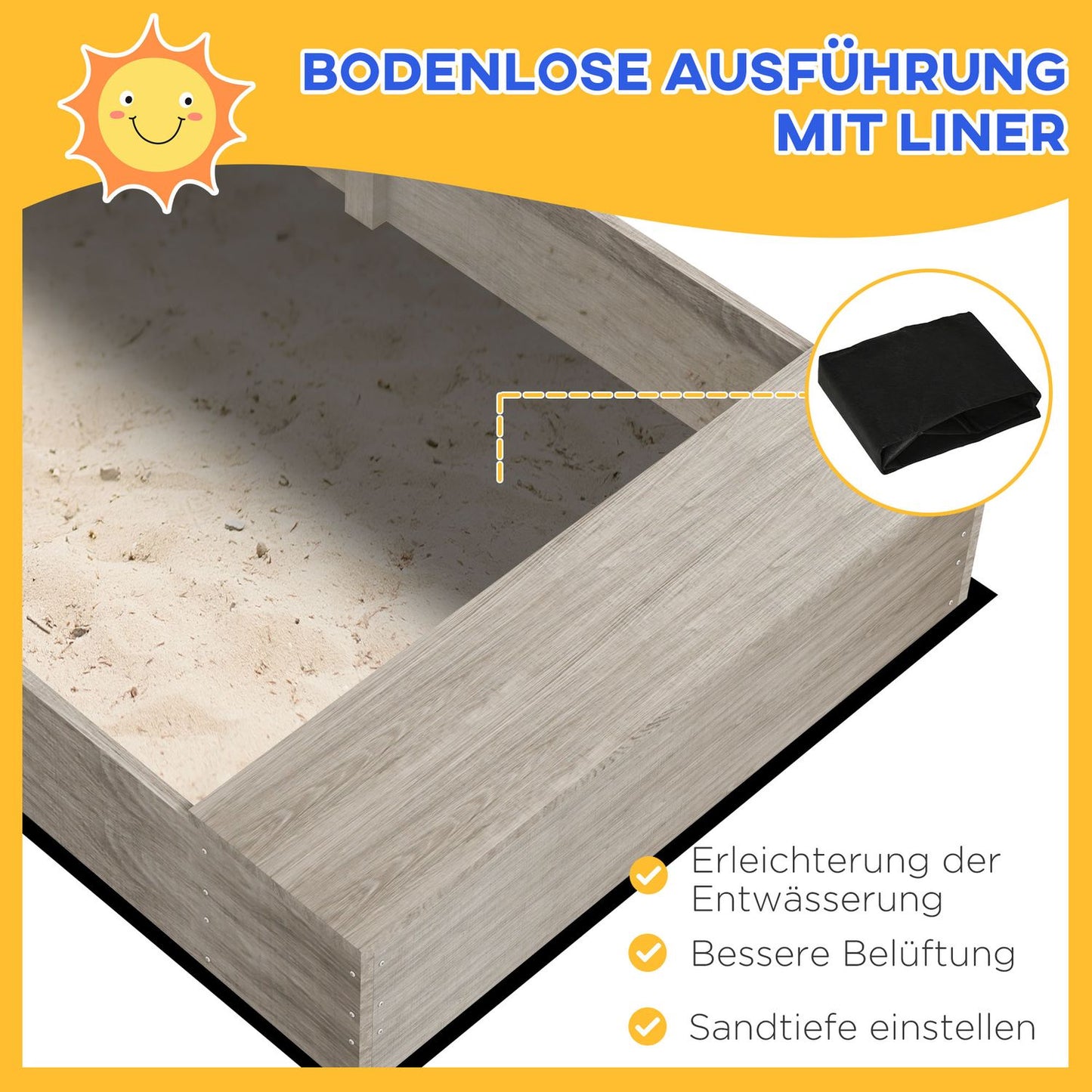 Wooden sandbox for children 3-7 years, bottomless design, 154x80x60 cm