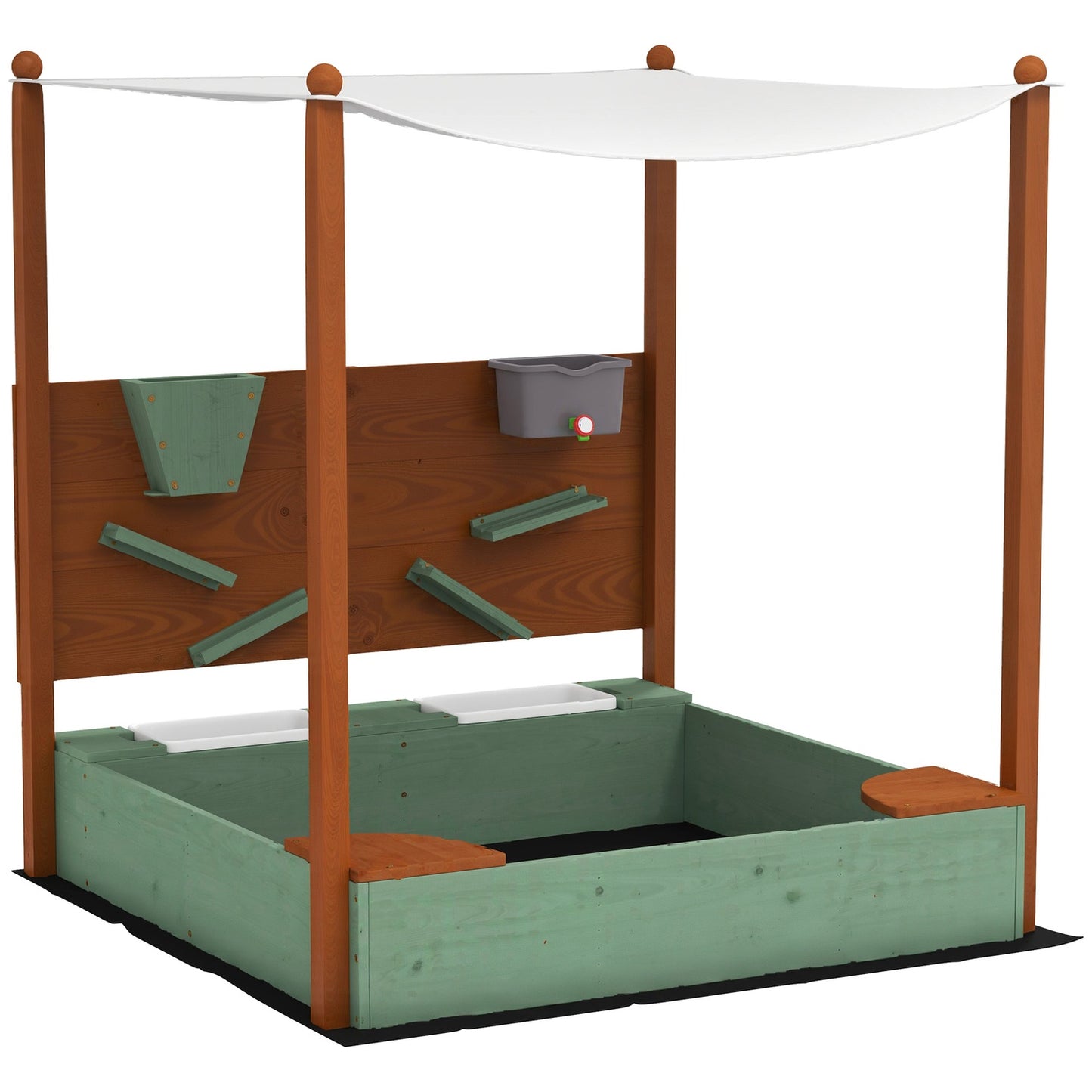 Wooden sandbox with seat & toys, 116 x 112.5 cm, green