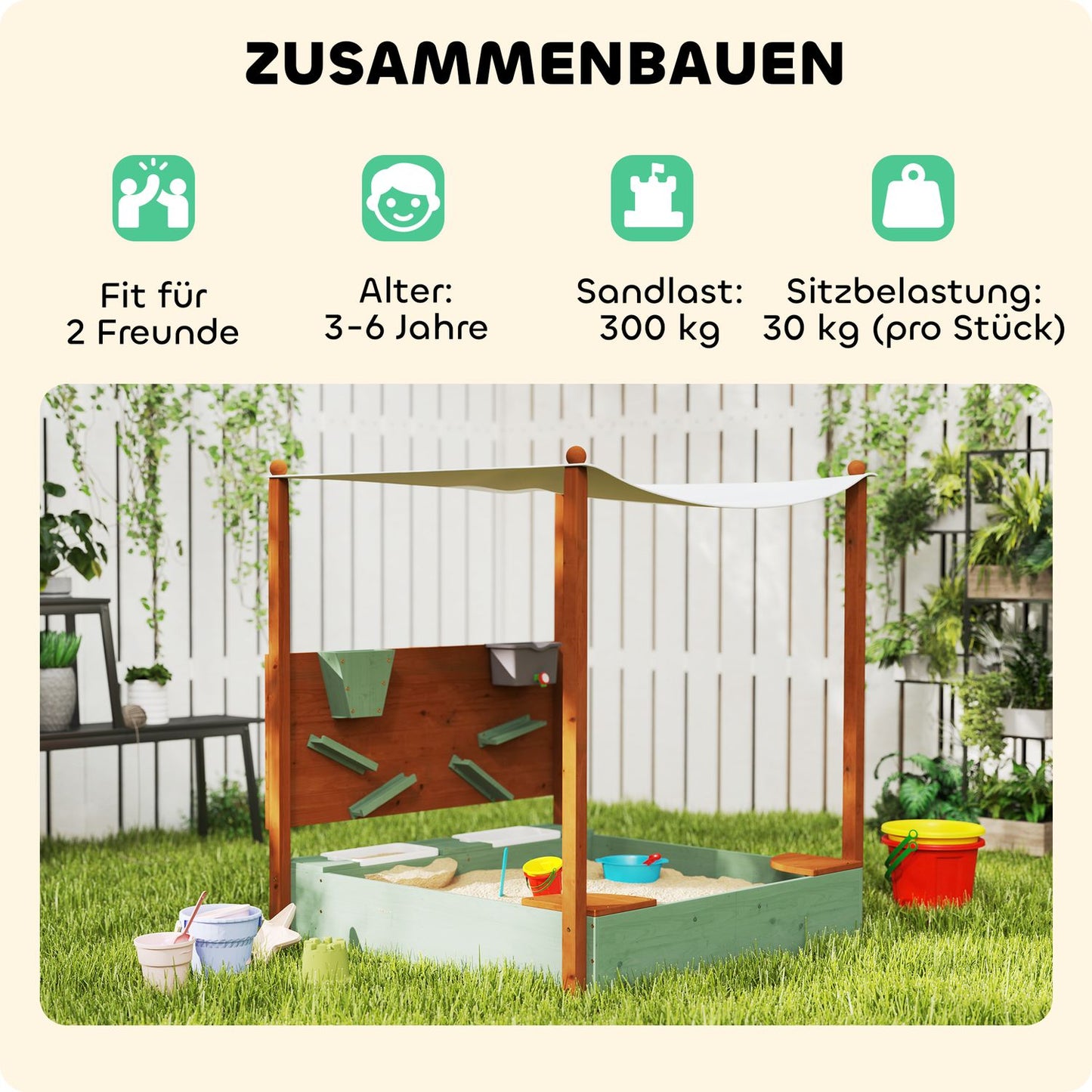 Wooden sandbox with seat & toys, 116 x 112.5 cm, green