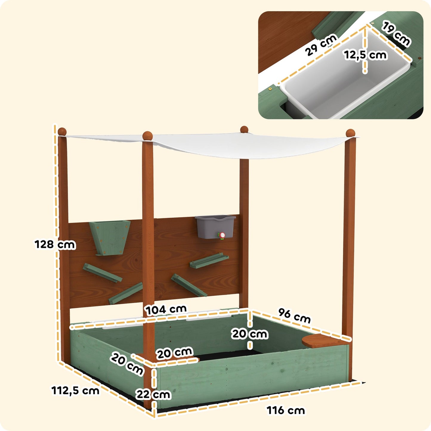 Wooden sandbox with seat & toys, 116 x 112.5 cm, green