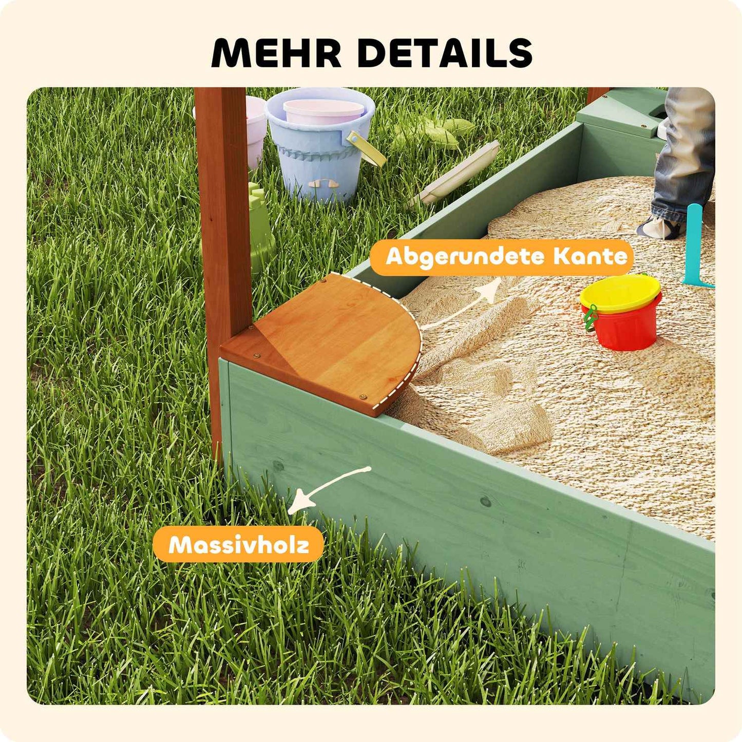 Wooden sandbox with seat & toys, 116 x 112.5 cm, green