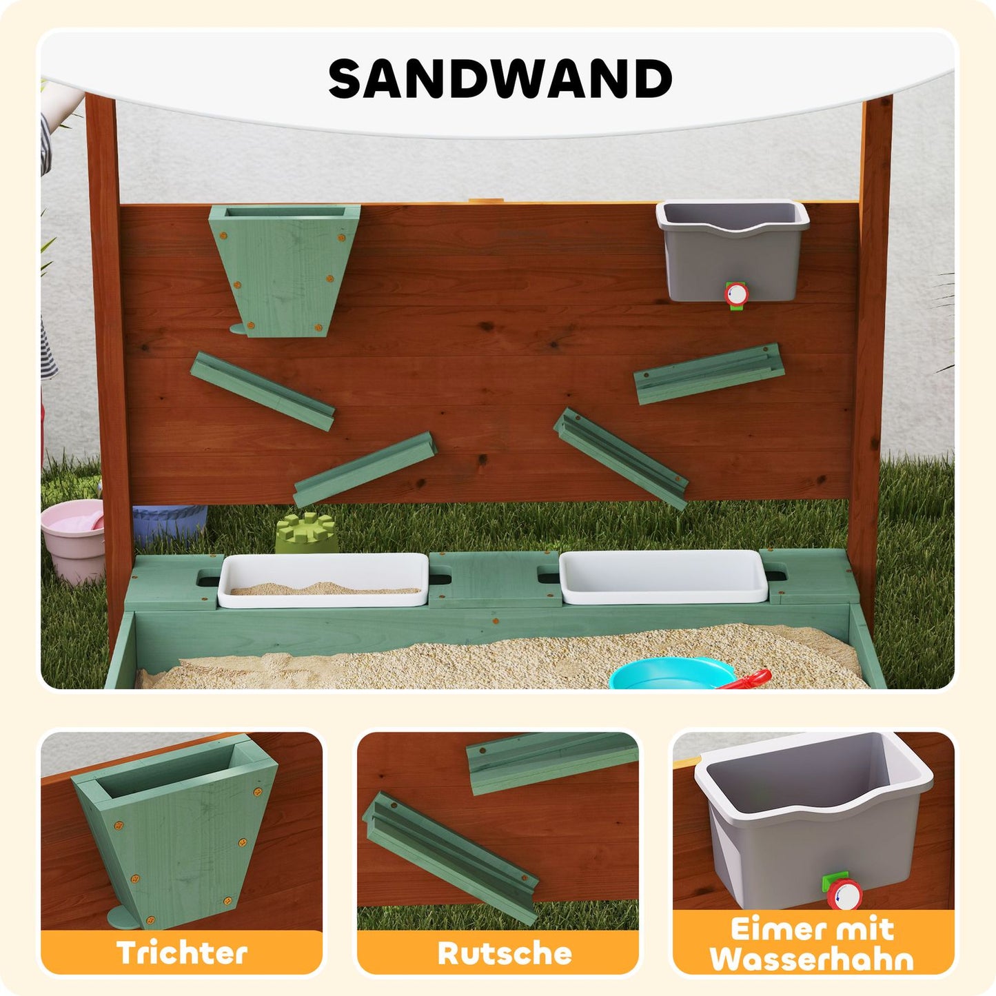 Wooden sandbox with seat & toys, 116 x 112.5 cm, green