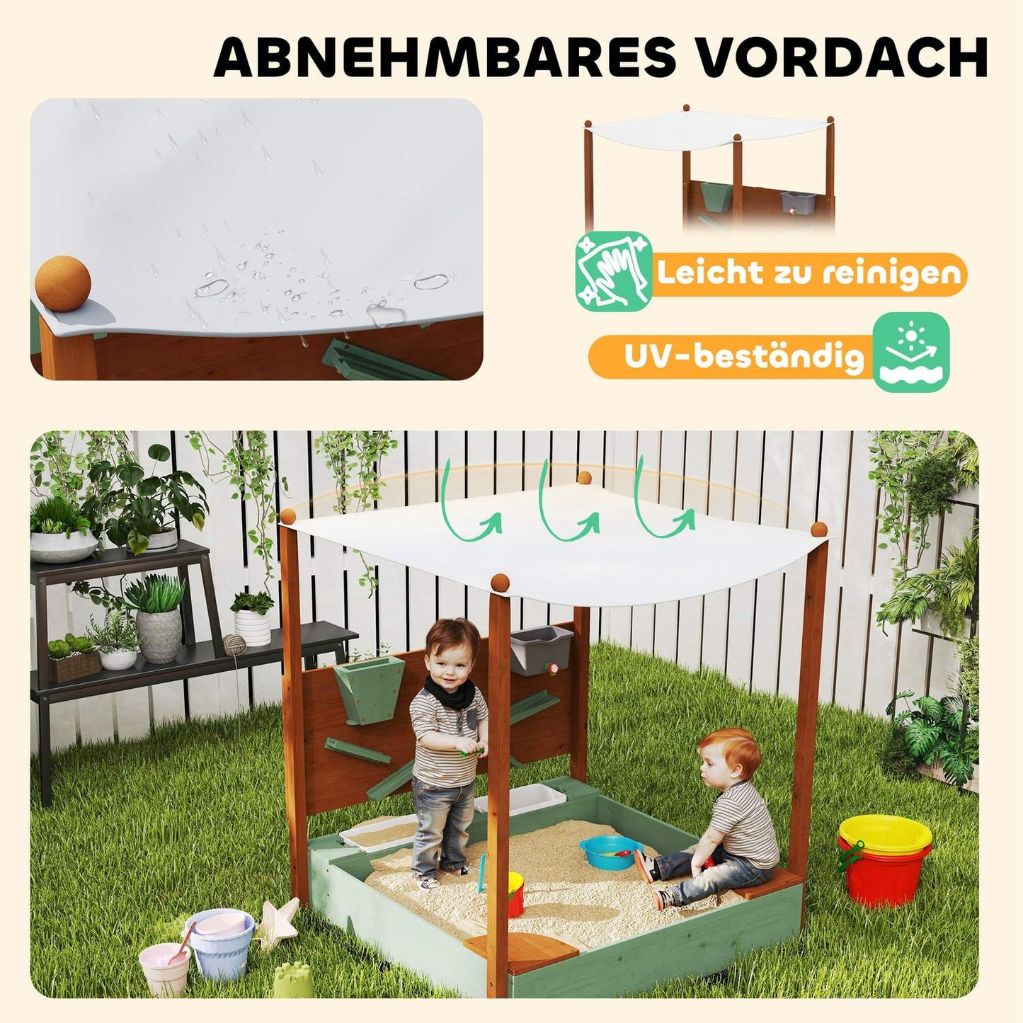 Wooden sandbox with seat & toys, 116 x 112.5 cm, green