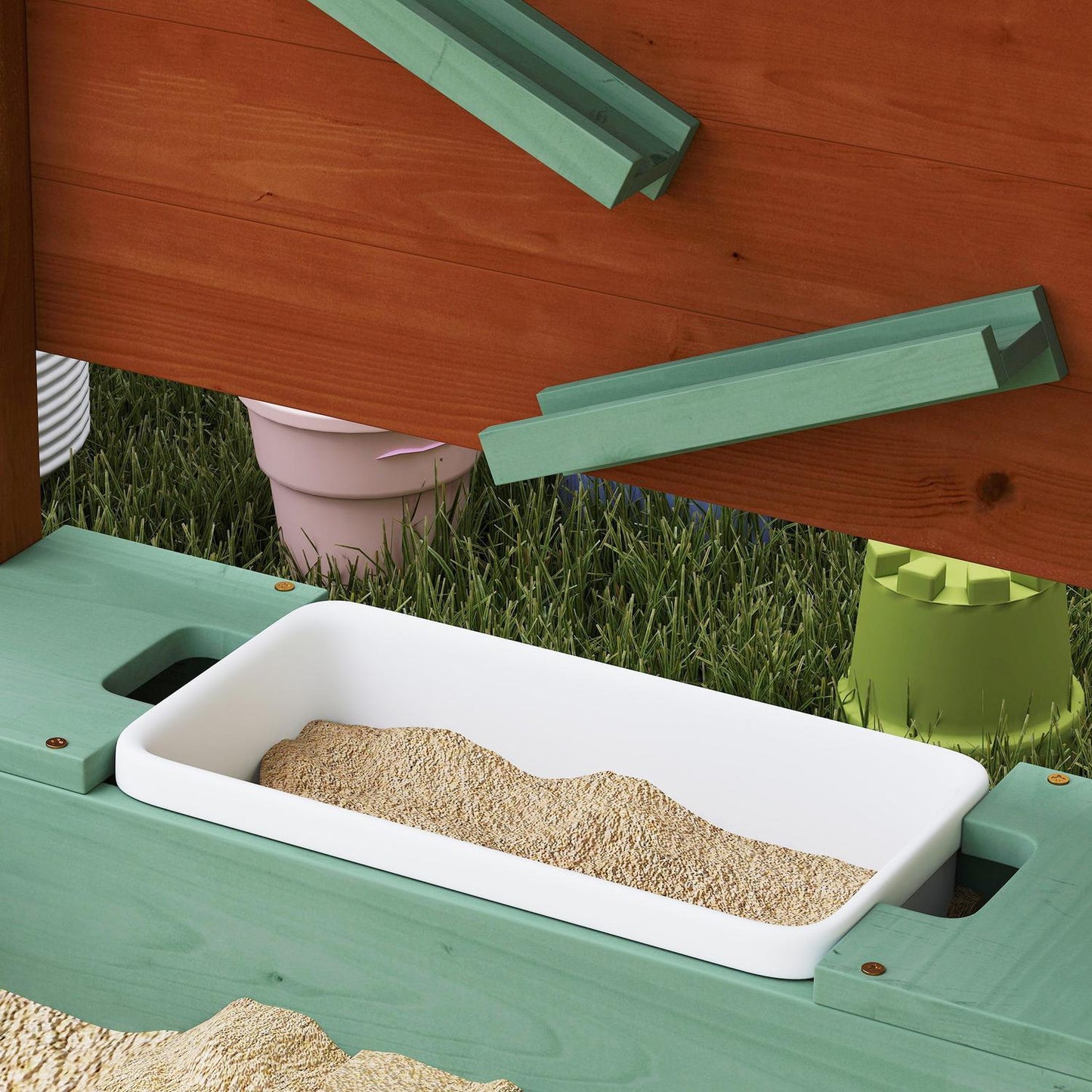 Wooden sandbox with seat & toys, 116 x 112.5 cm, green