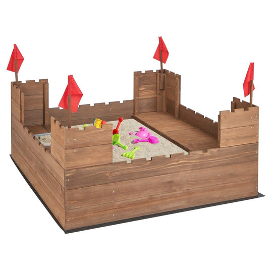 Sandbox with storage compartments and flags, wooden sandbox for 1-2 children aged 3 and over, 113 x 116 cm