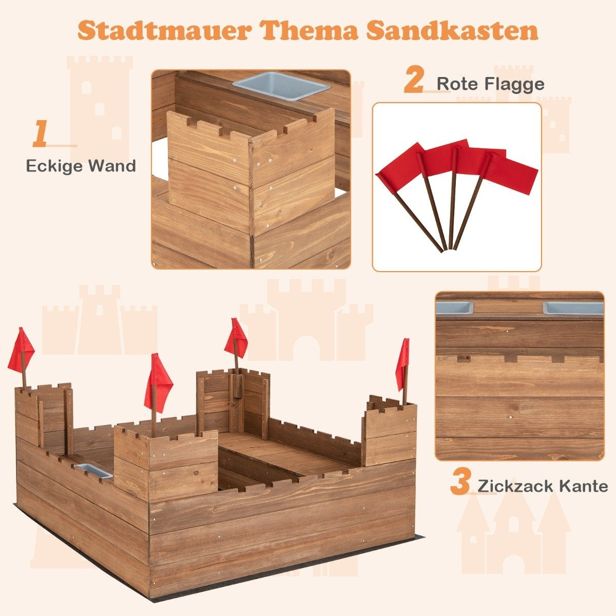 Sandbox with storage compartments and flags, wooden sandbox for 1-2 children aged 3 and over, 113 x 116 cm