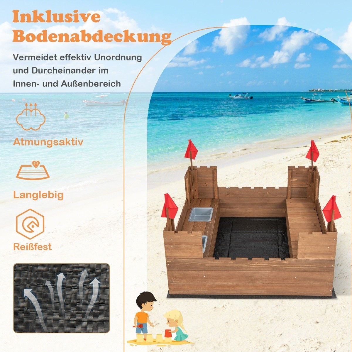 Sandbox with storage compartments and flags, wooden sandbox for 1-2 children aged 3 and over, 113 x 116 cm