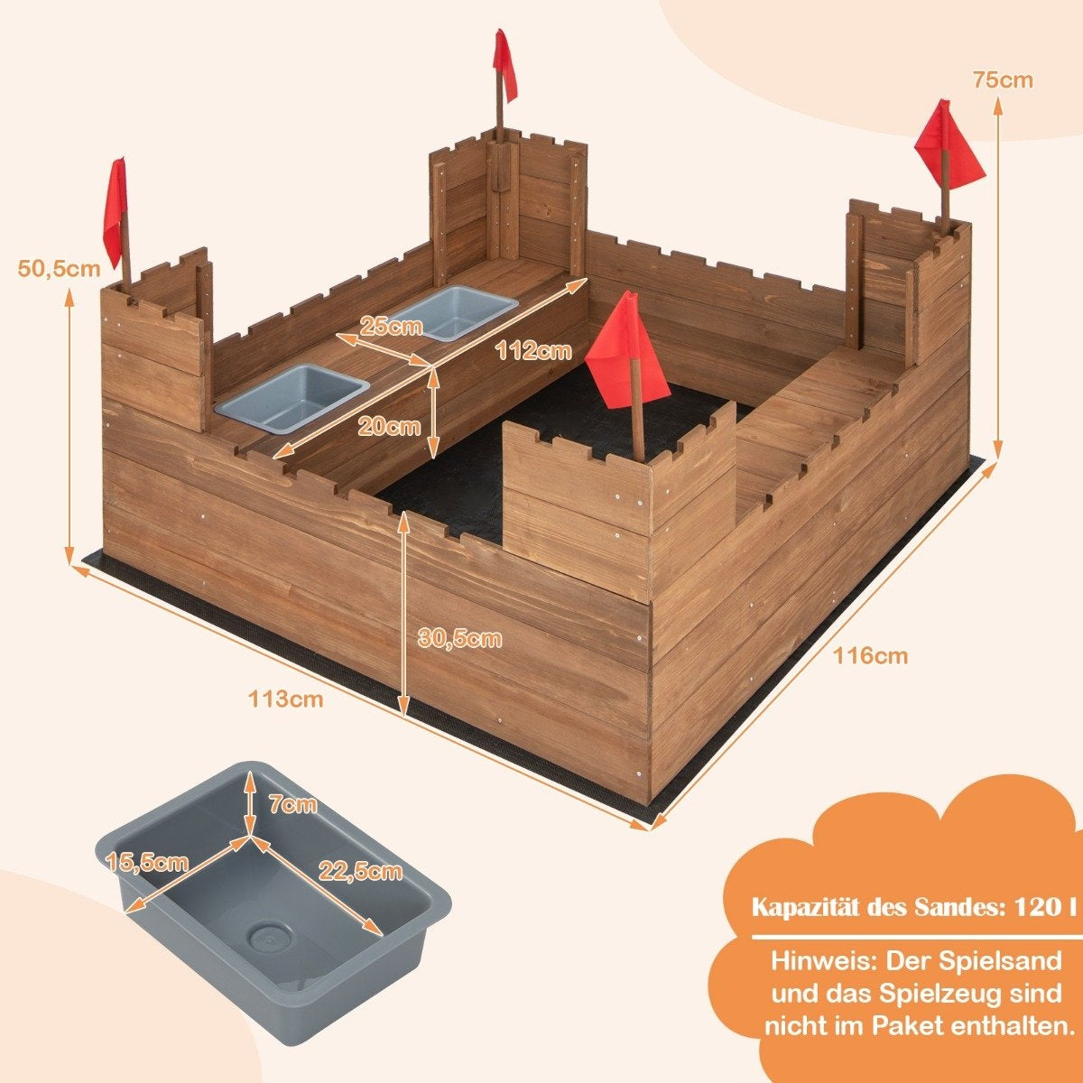Sandbox with storage compartments and flags, wooden sandbox for 1-2 children aged 3 and over, 113 x 116 cm