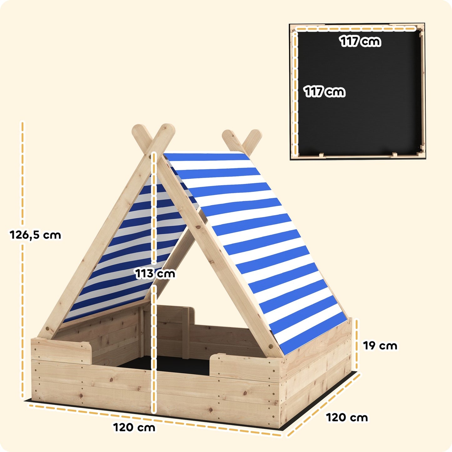 Wooden sandbox with canopy and base, 120 cm