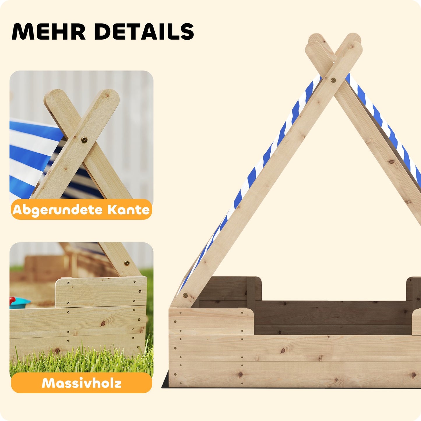 Wooden sandbox with canopy and base, 120 cm