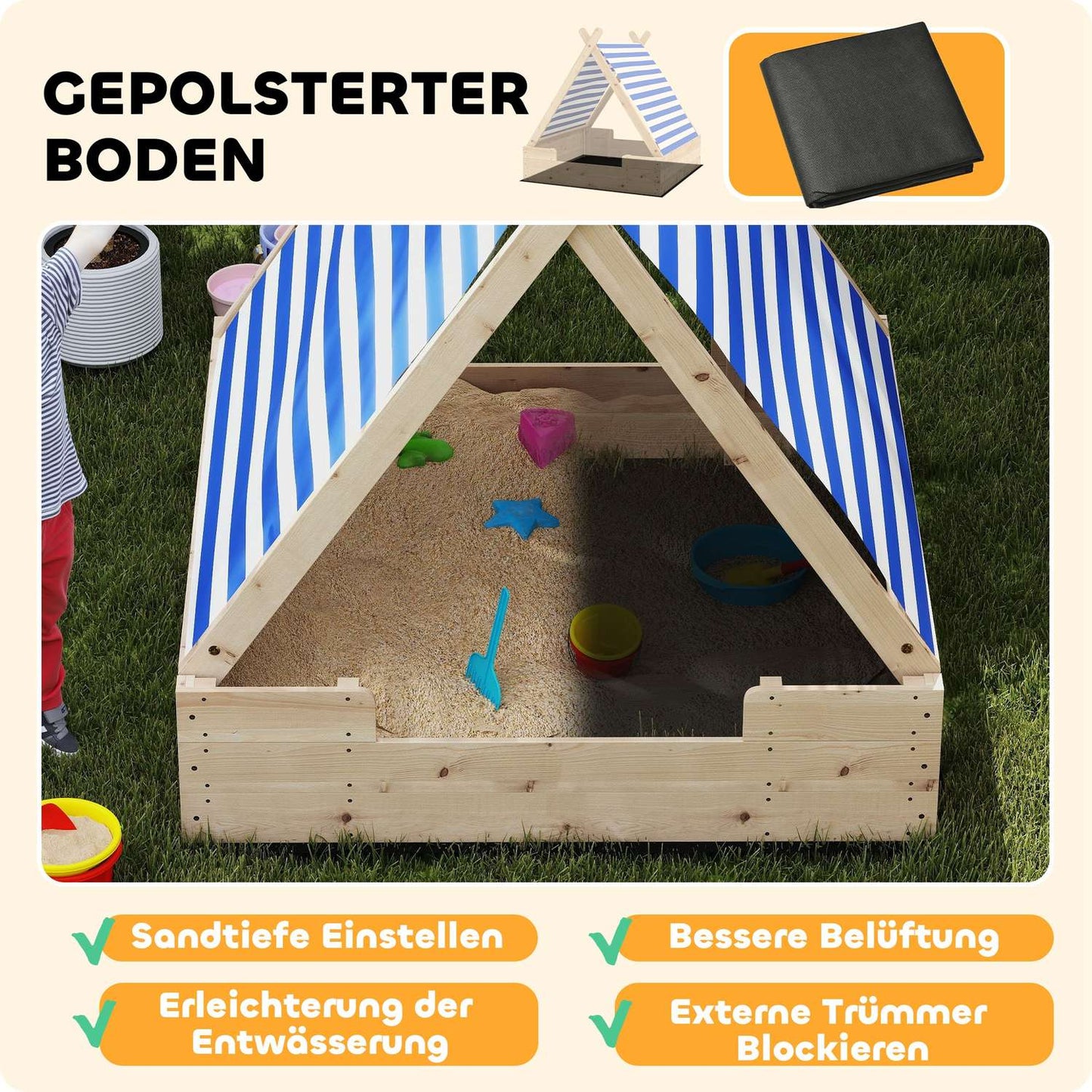 Wooden sandbox with canopy and base, 120 cm