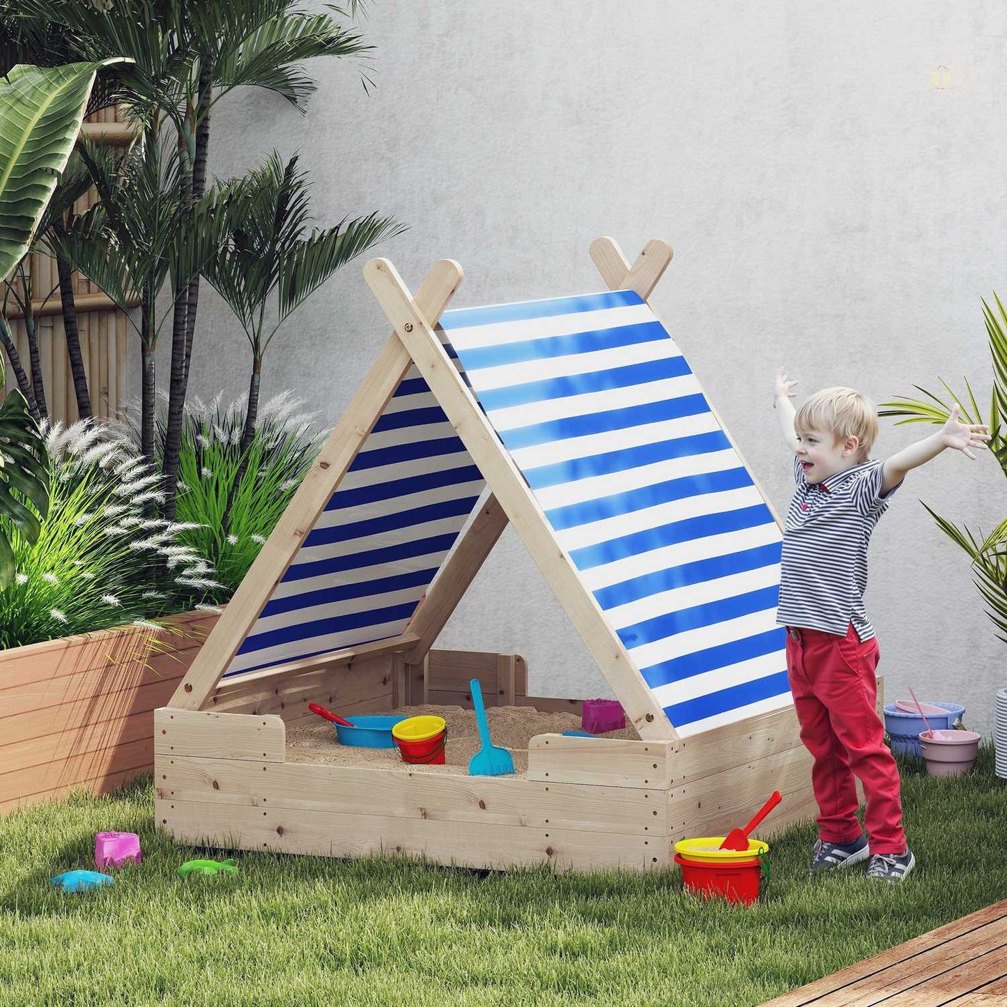 Wooden sandbox with canopy and base, 120 cm