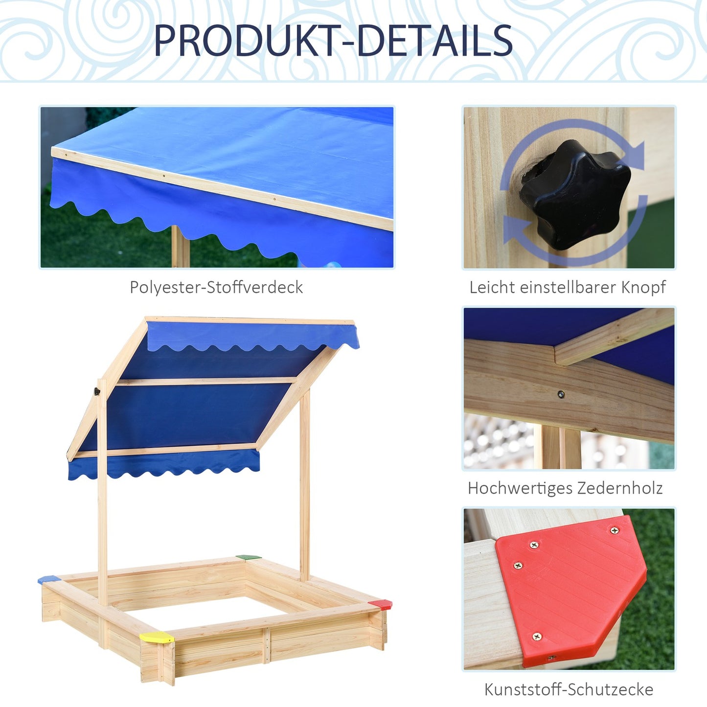 Children's sandbox in natural fir wood with crank roof, 120x120cm