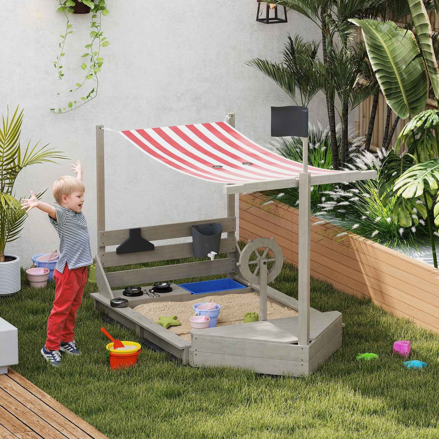 Wooden ship playhouse Sandbox with lid - 180 x 103 x 144.5 cm