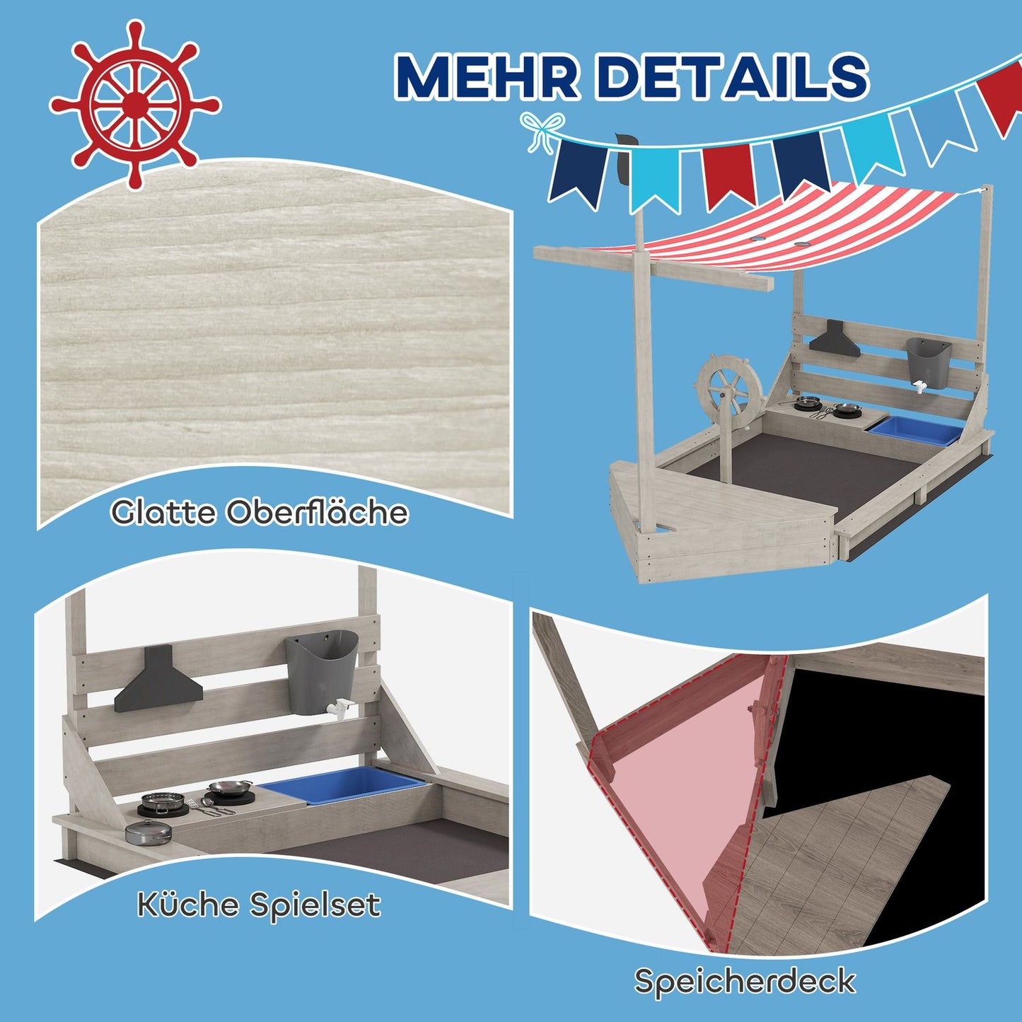 Wooden ship playhouse Sandbox with lid - 180 x 103 x 144.5 cm