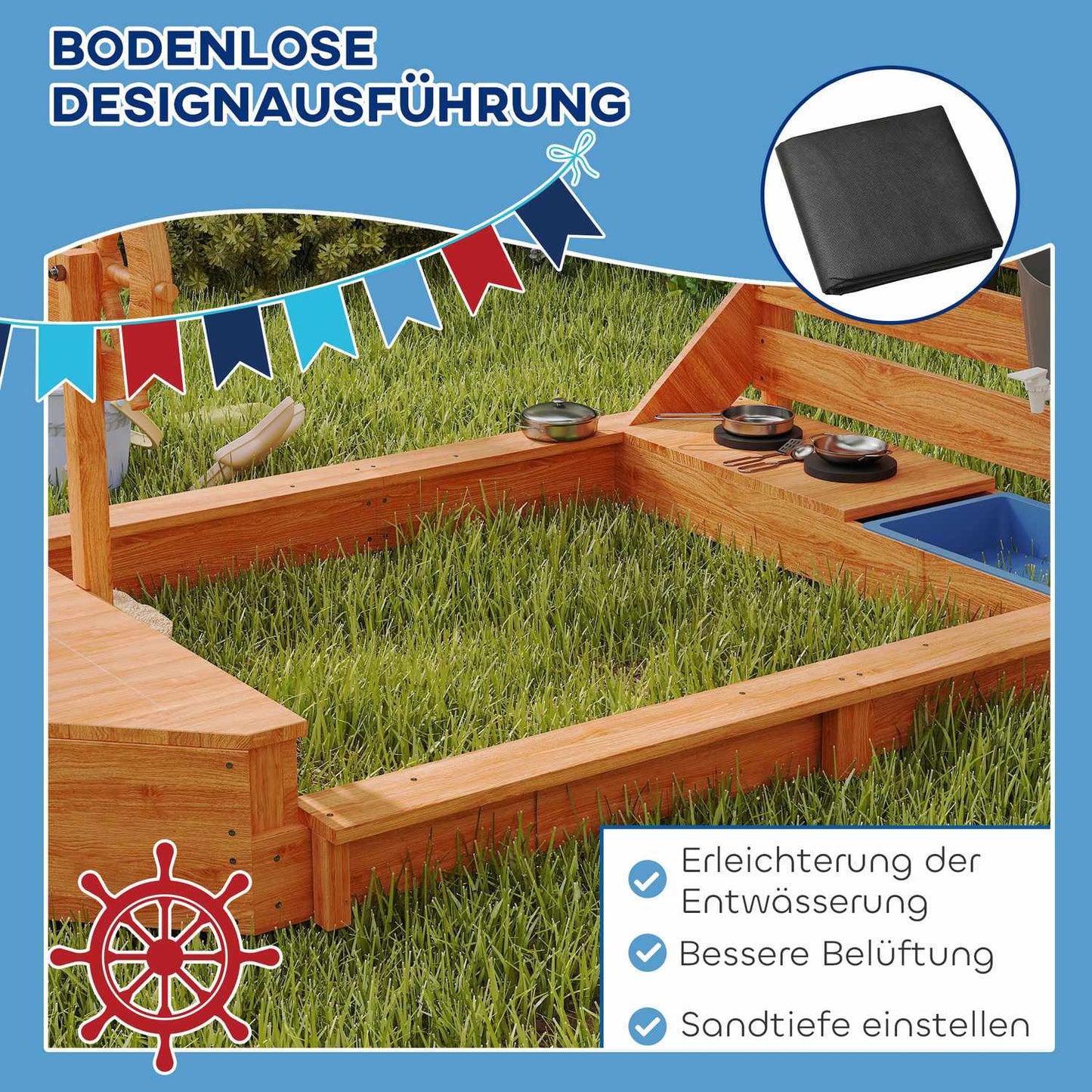 Large wooden sandbox with lid and play kitchen