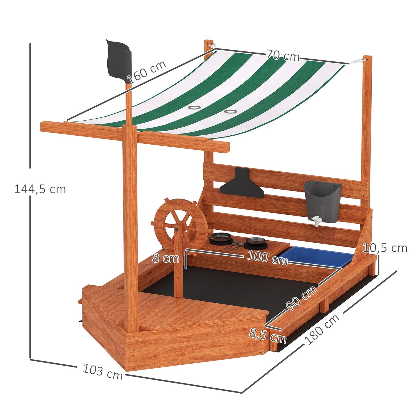 Large wooden sandbox with lid and play kitchen