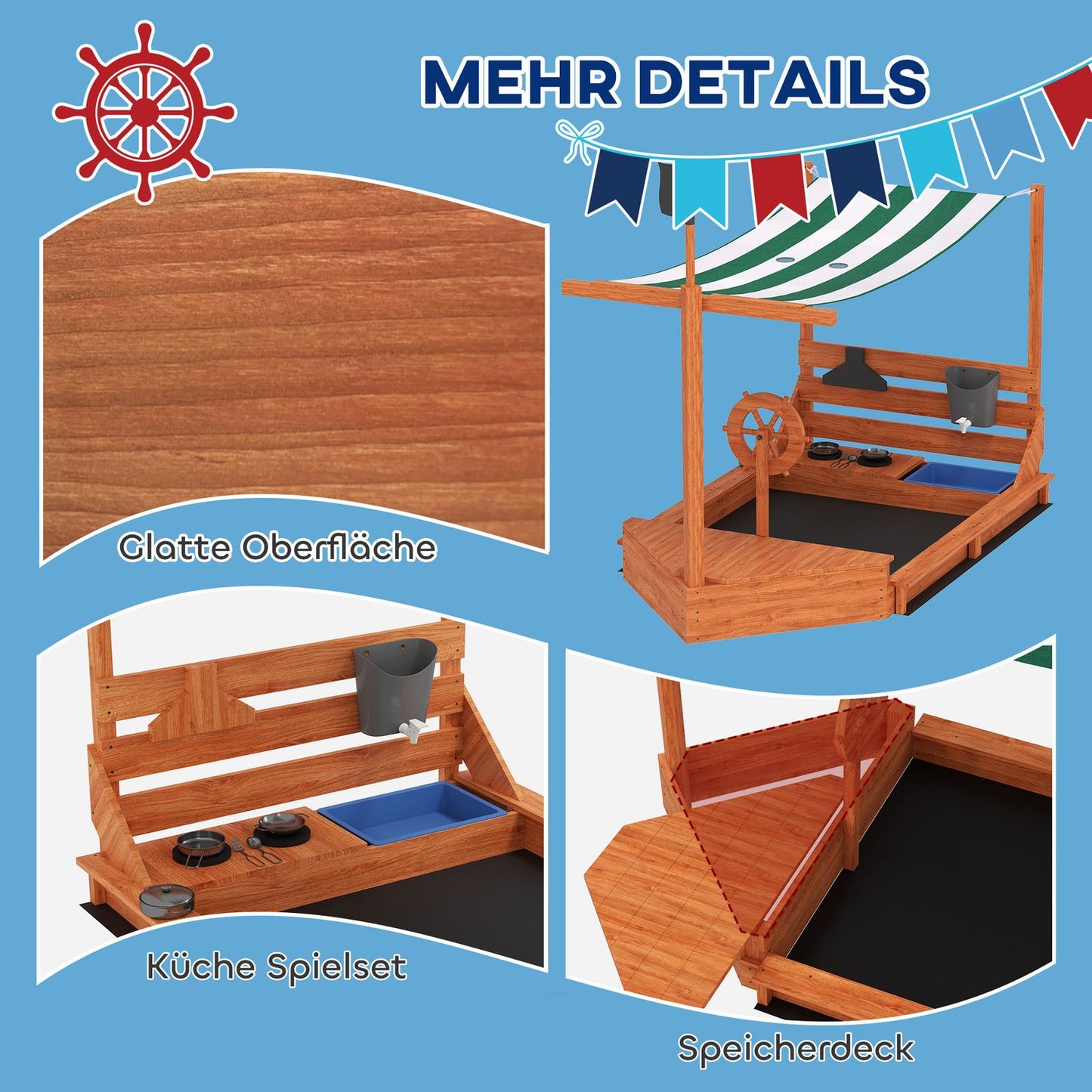 Large wooden sandbox with lid and play kitchen