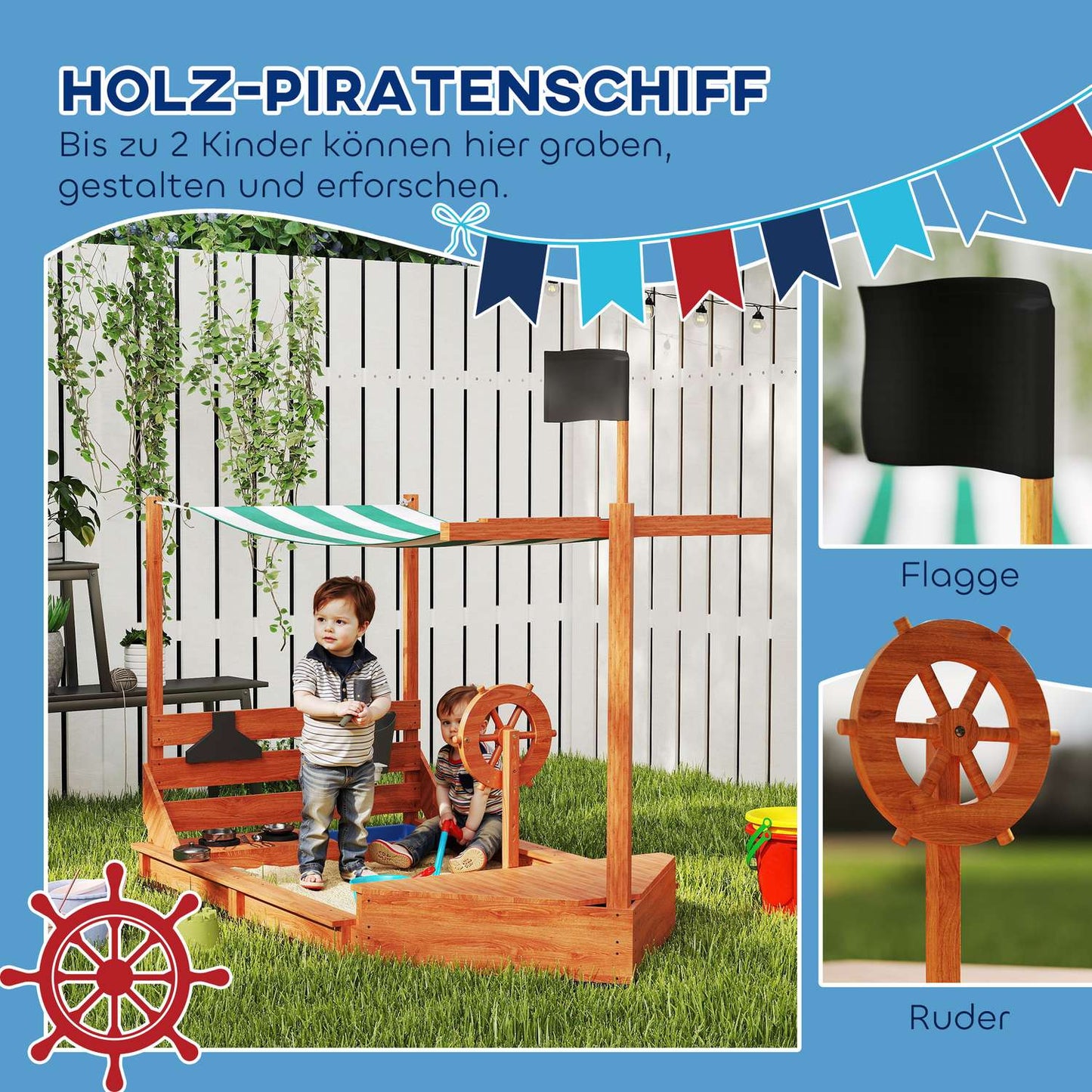 Large wooden sandbox with lid and play kitchen