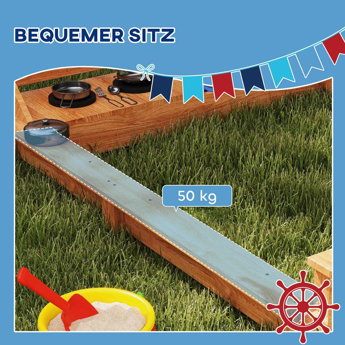 Large wooden sandbox with lid and play kitchen