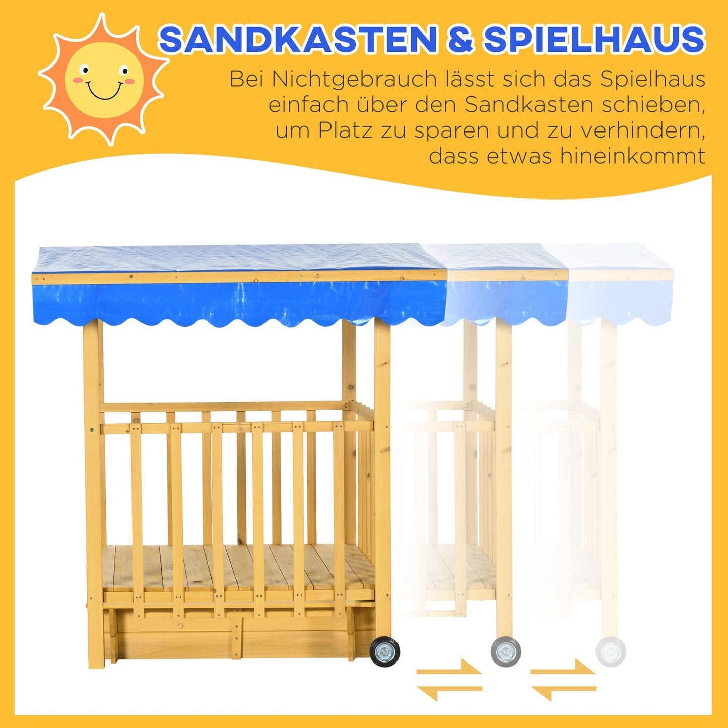 Wooden sandbox playhouse with roof, wheels, for 3-8 years