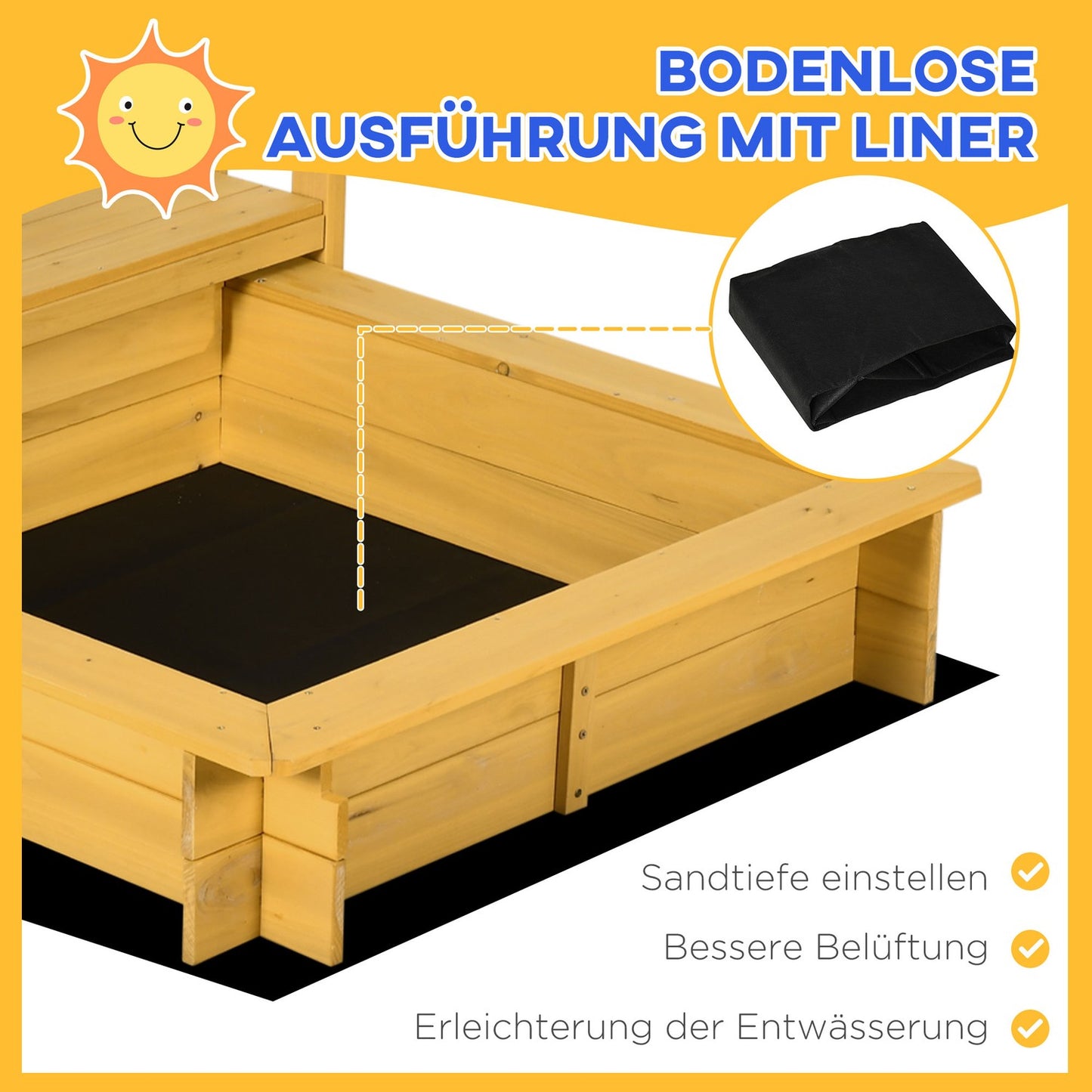 Wooden sandbox playhouse with roof, wheels, for 3-8 years