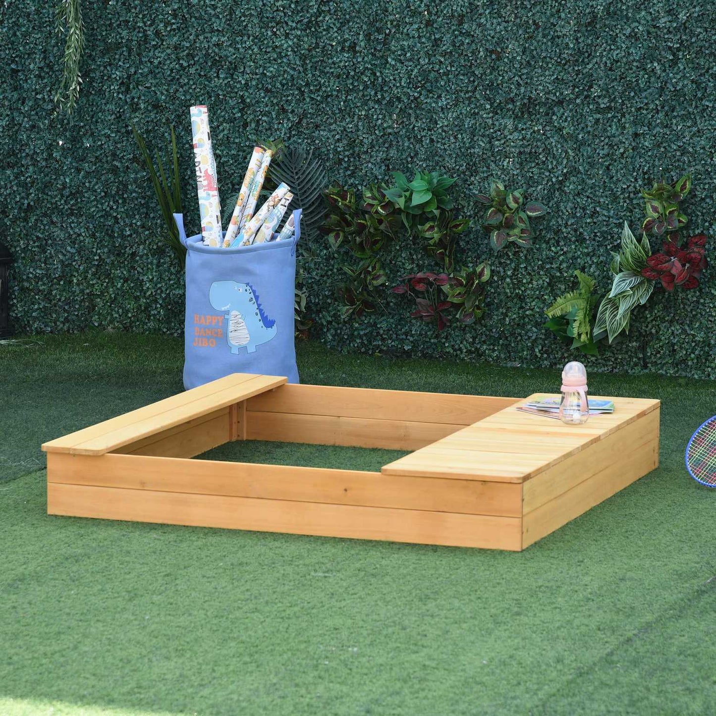Wooden sandbox with dustproof roof & storage, 3-6 years