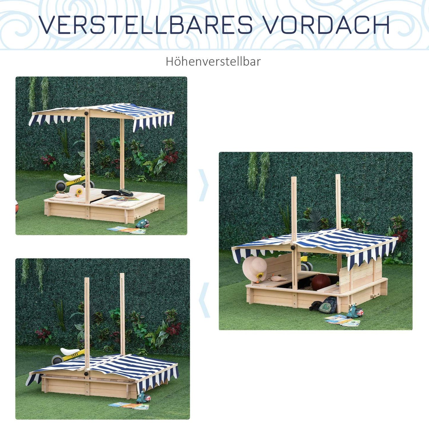 Wooden sandbox with adjustable roof for children aged 3-7