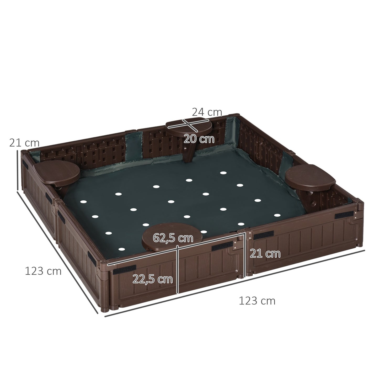 Children's brown sandbox with lid, 4-seater, 123x123x21cm