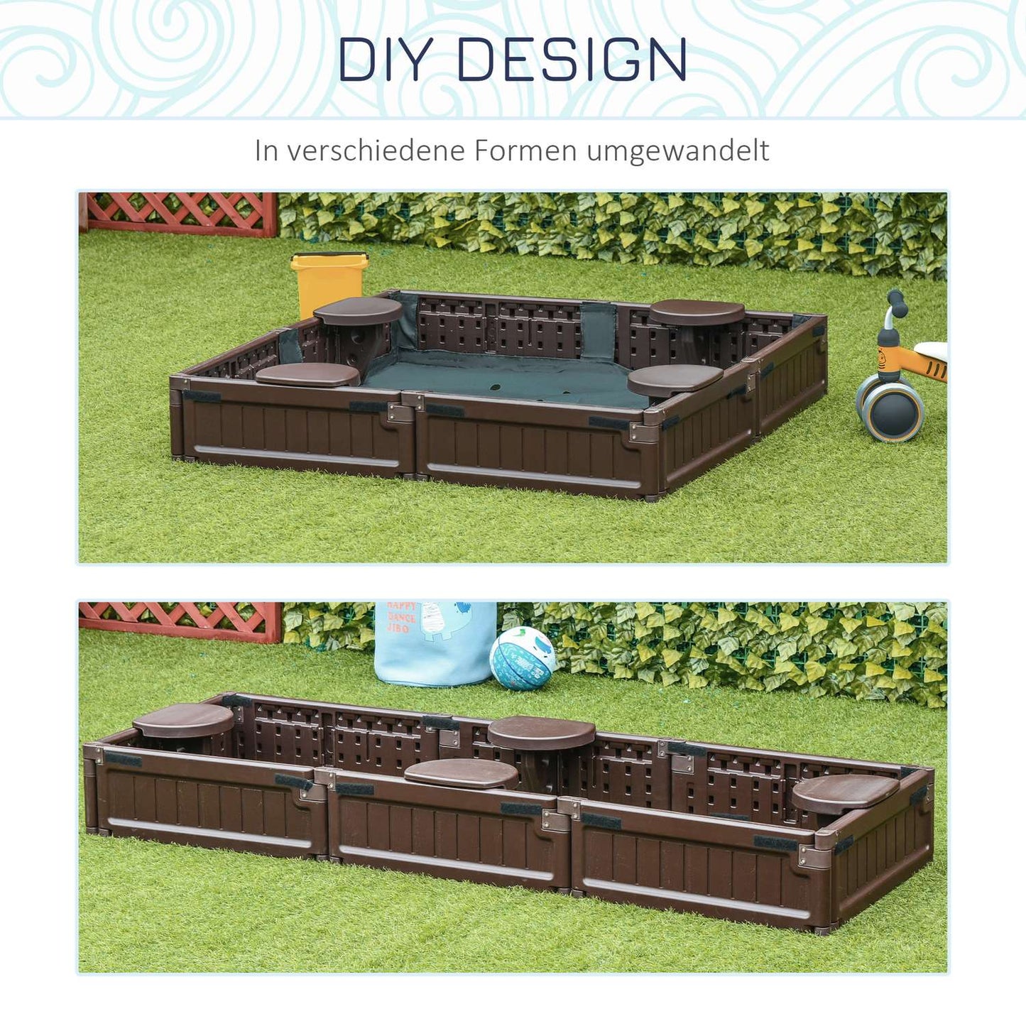Children's brown sandbox with lid, 4-seater, 123x123x21cm