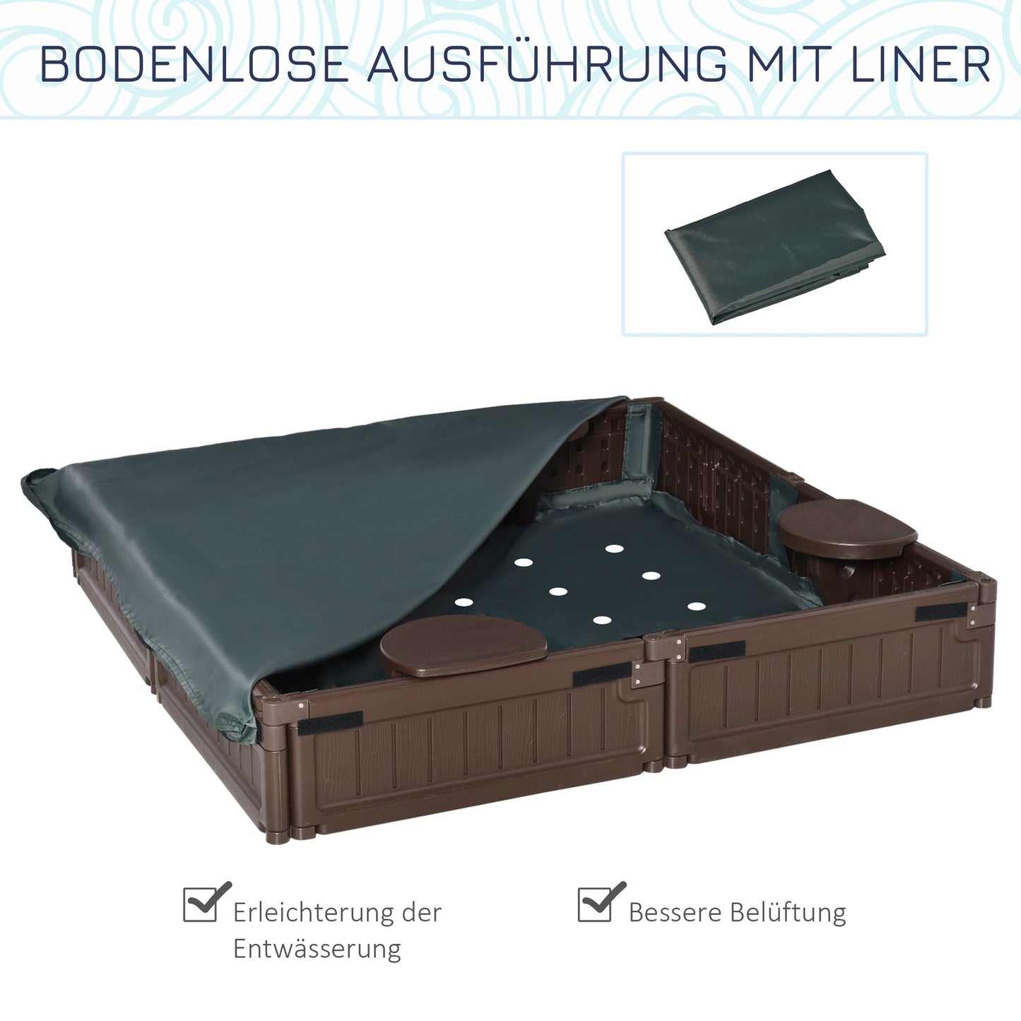 Children's brown sandbox with lid, 4-seater, 123x123x21cm