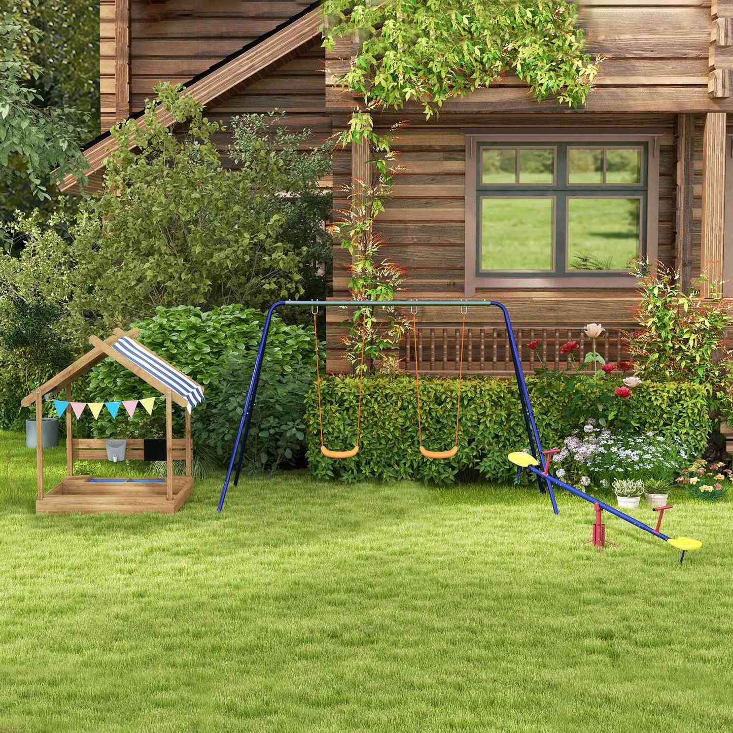 Wooden sandbox with roof and seat, 124x116x146cm, 3-7 years