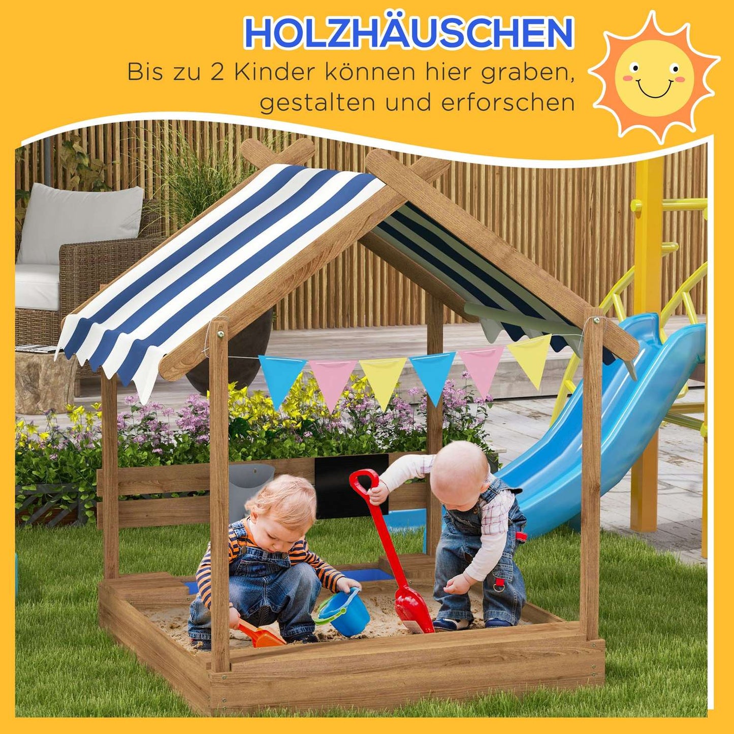 Wooden sandbox with roof and seat, 124x116x146cm, 3-7 years
