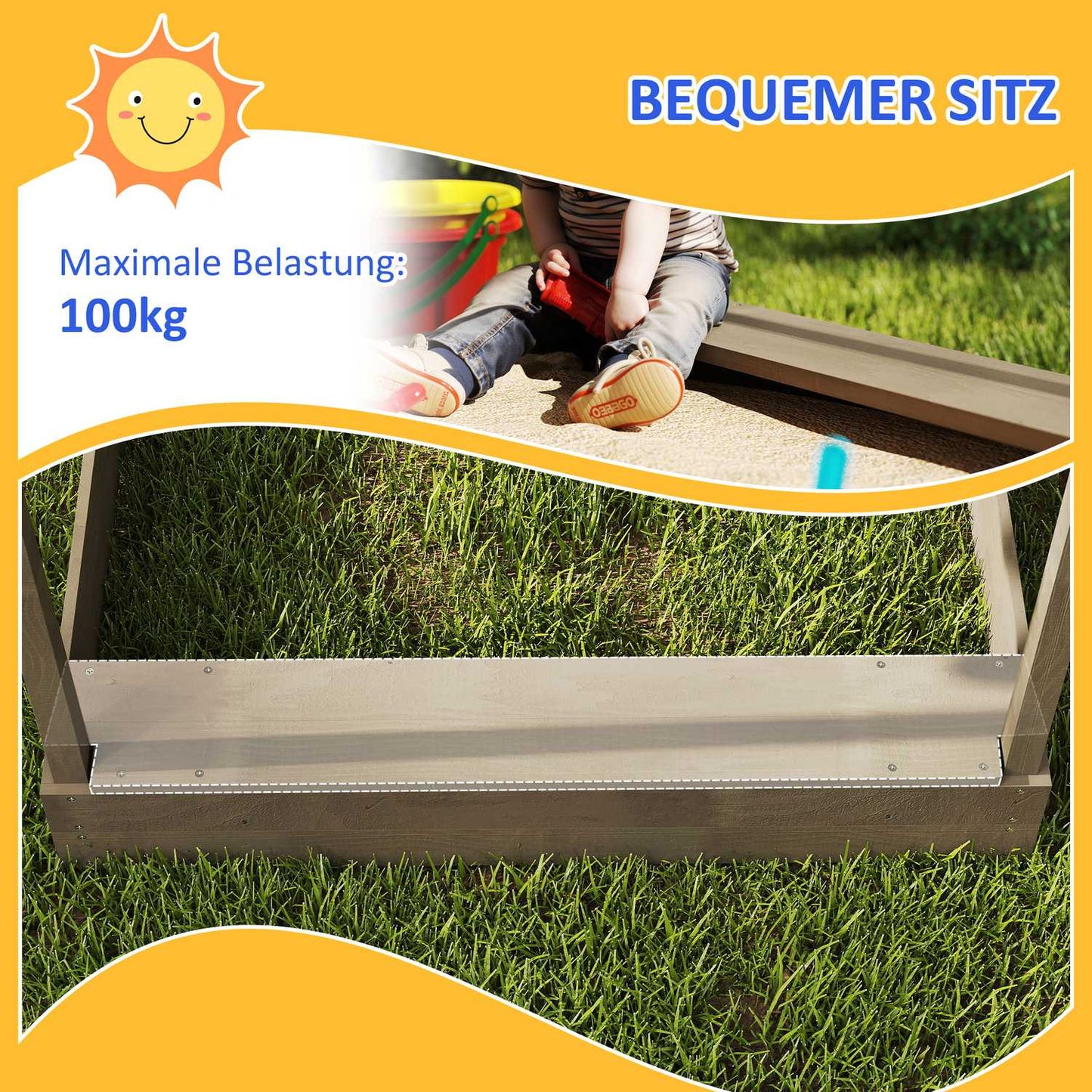 Wooden sandbox with roof & seat, 124x116x146 cm, Grey