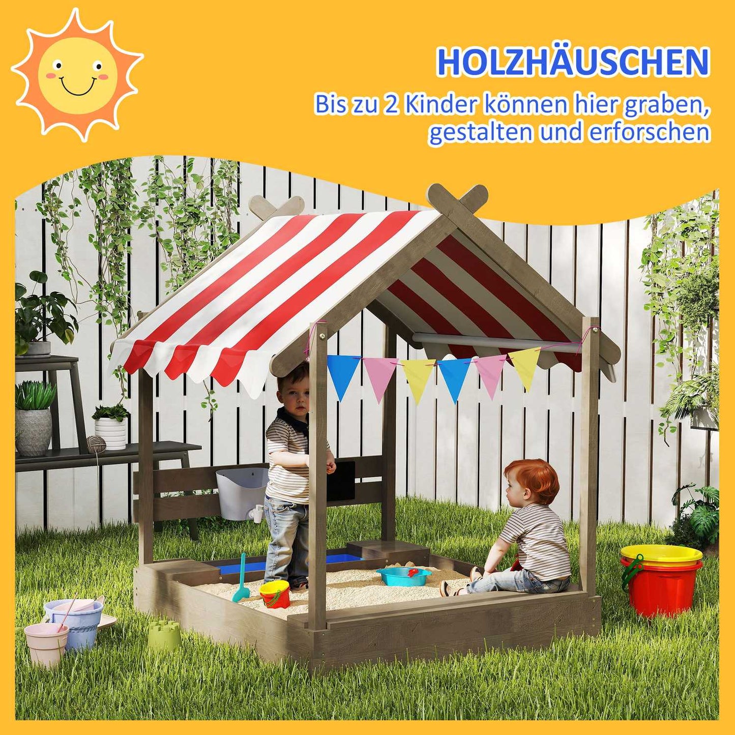 Wooden sandbox with roof & seat, 124x116x146 cm, Grey