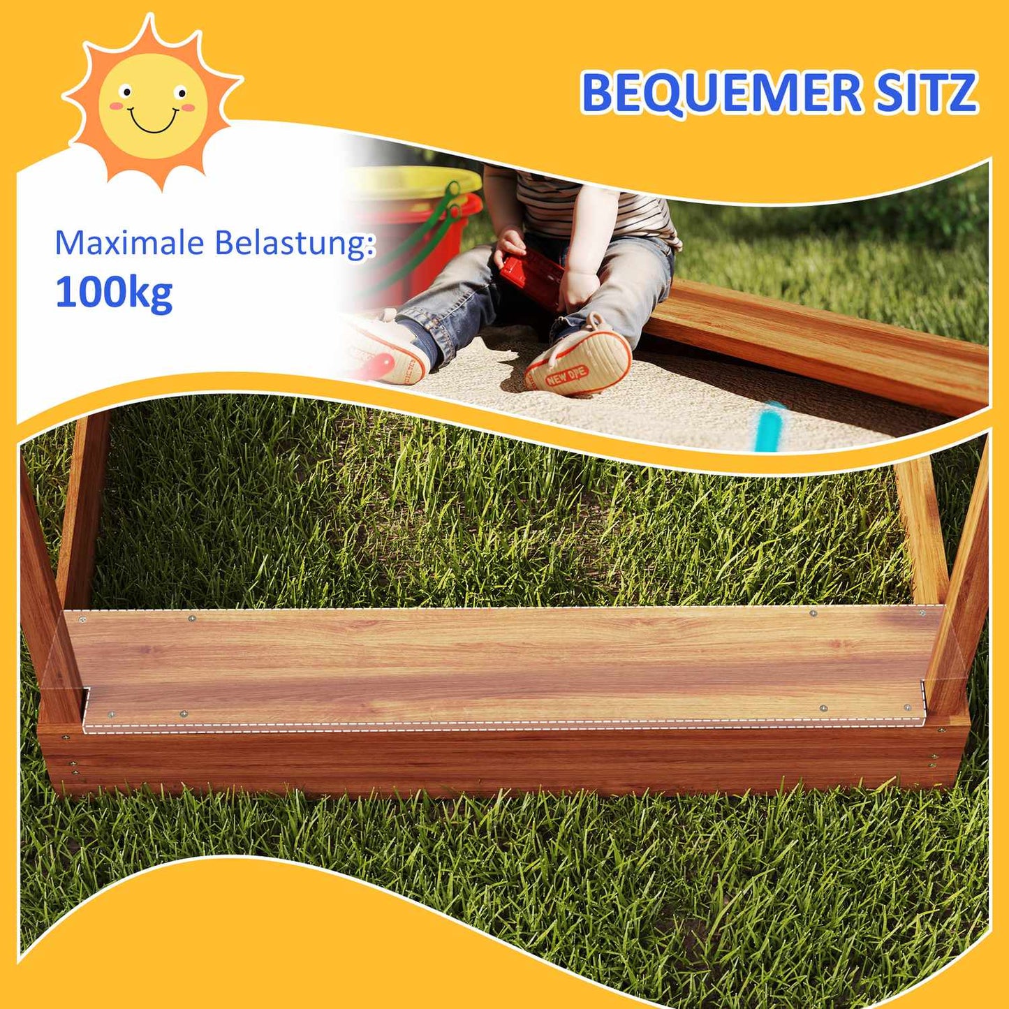 Wooden sandbox with seat and roof, 124x116x146 cm for children