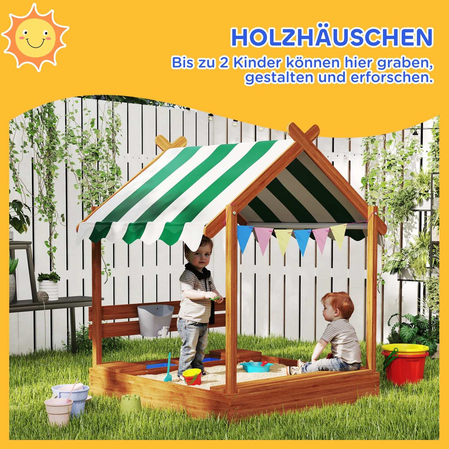 Wooden sandbox with seat and roof, 124x116x146 cm for children