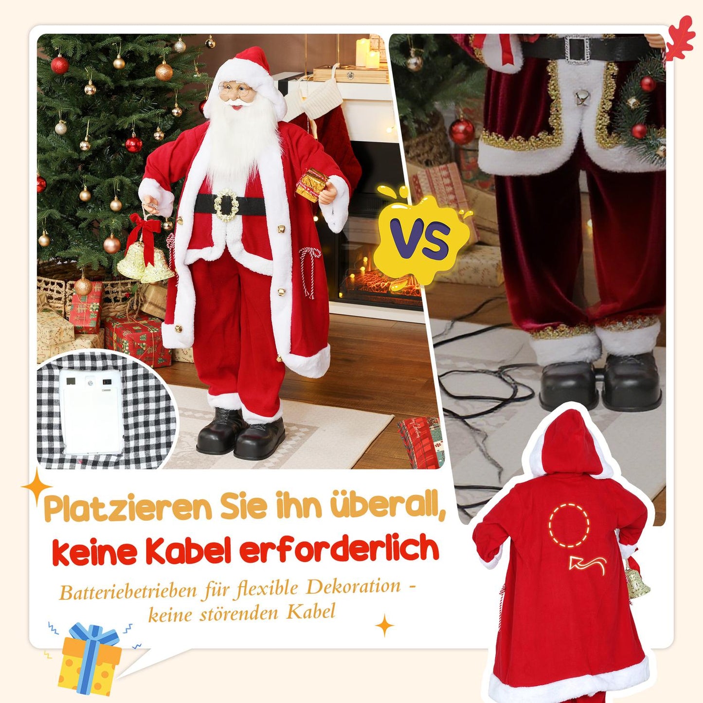 Santa Claus Figure 1.15m with Gift and Bell, Indoor Use