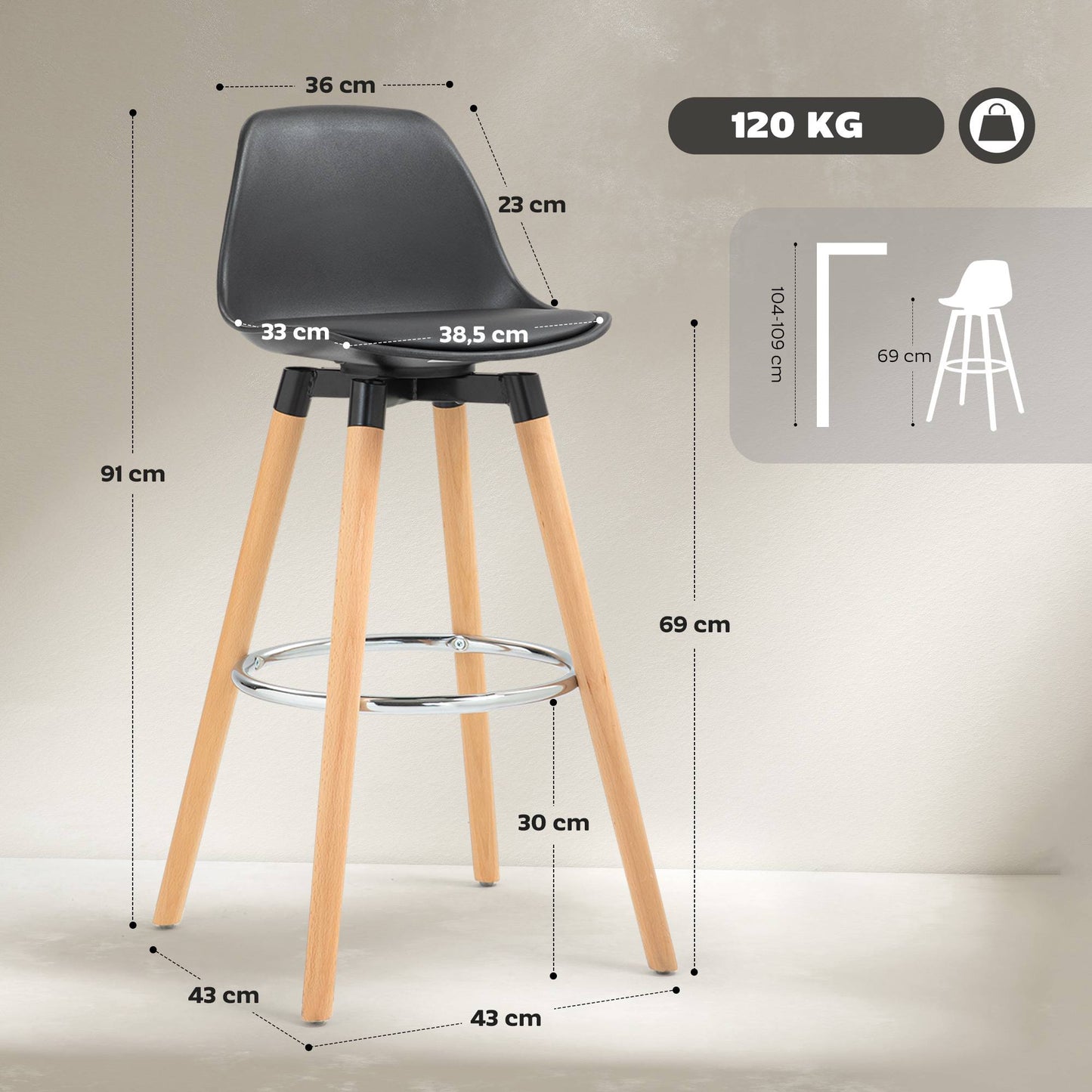 Scandinavian Bar Stools Set of 2, Wood Frame, Black