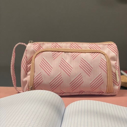 School Pencil Case Two-Compartment Folding Pouch Double Pink for Children