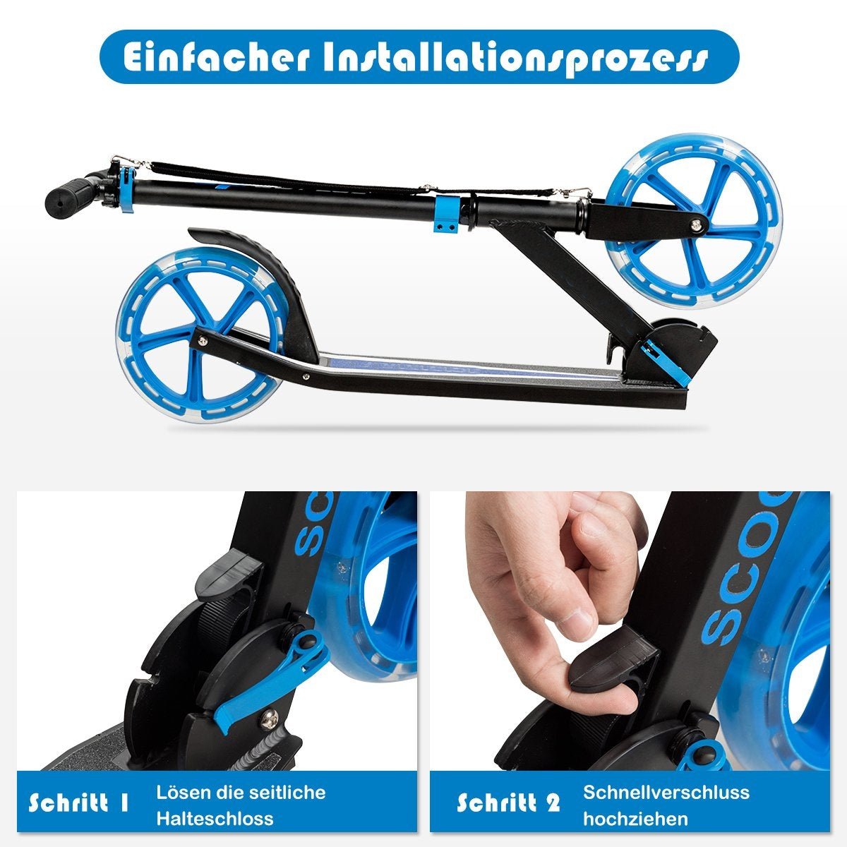 Scooter scooter foldable kick scooter height adjustable 100kg load capacity kick scooter with 2 LED wheels blue