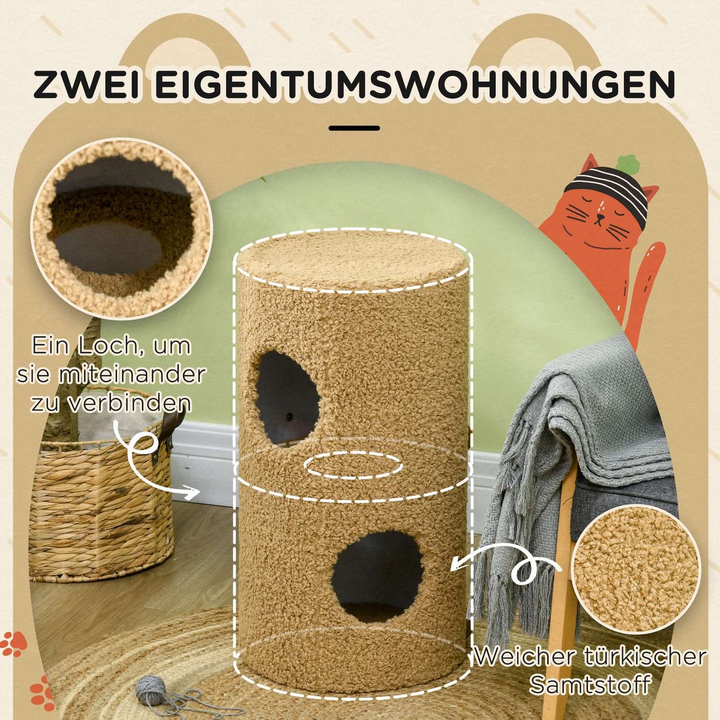 Cat Scratching Tower with caves and board, light brown, 66cm