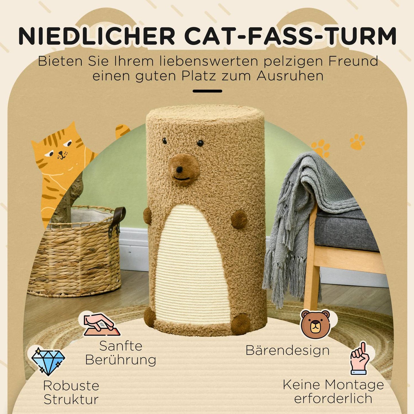 Cat Scratching Tower with caves and board, light brown, 66cm
