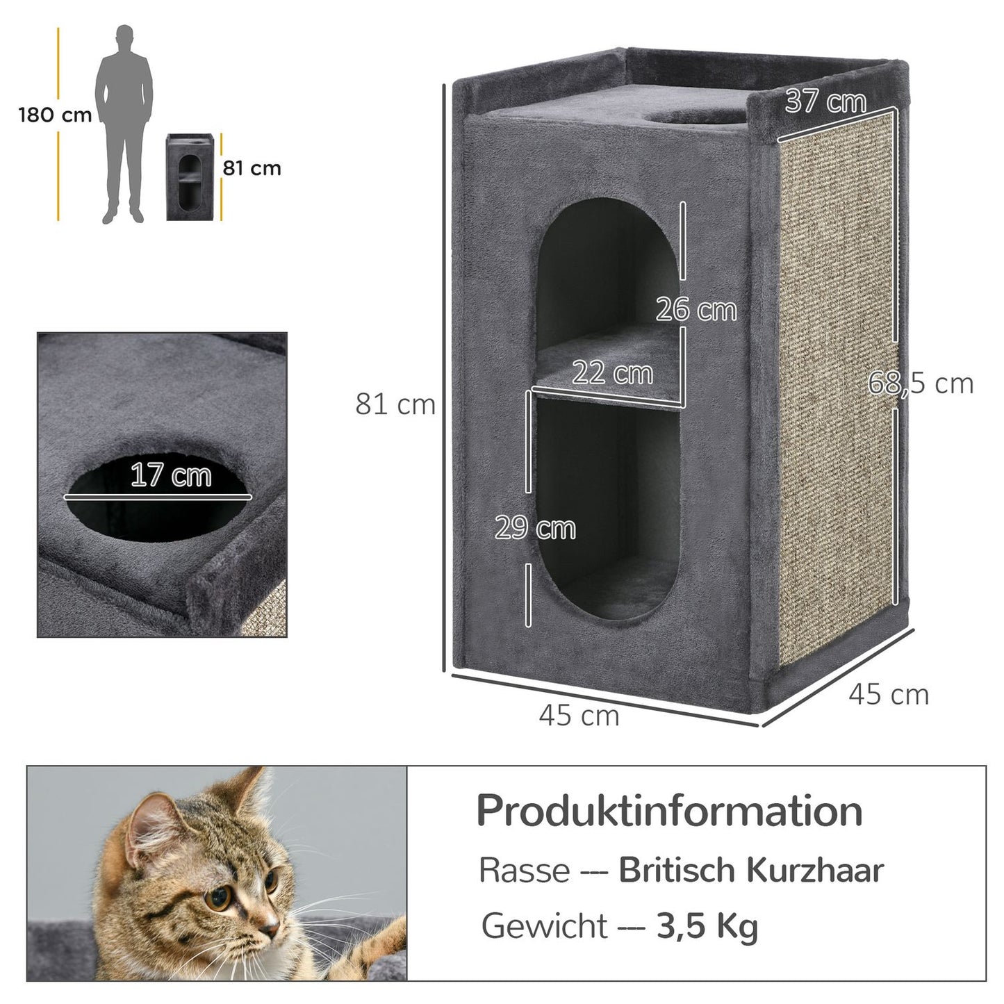 Cat Scratching Tower, 81 cm, 2 caves, dark grey, up to 6 kg