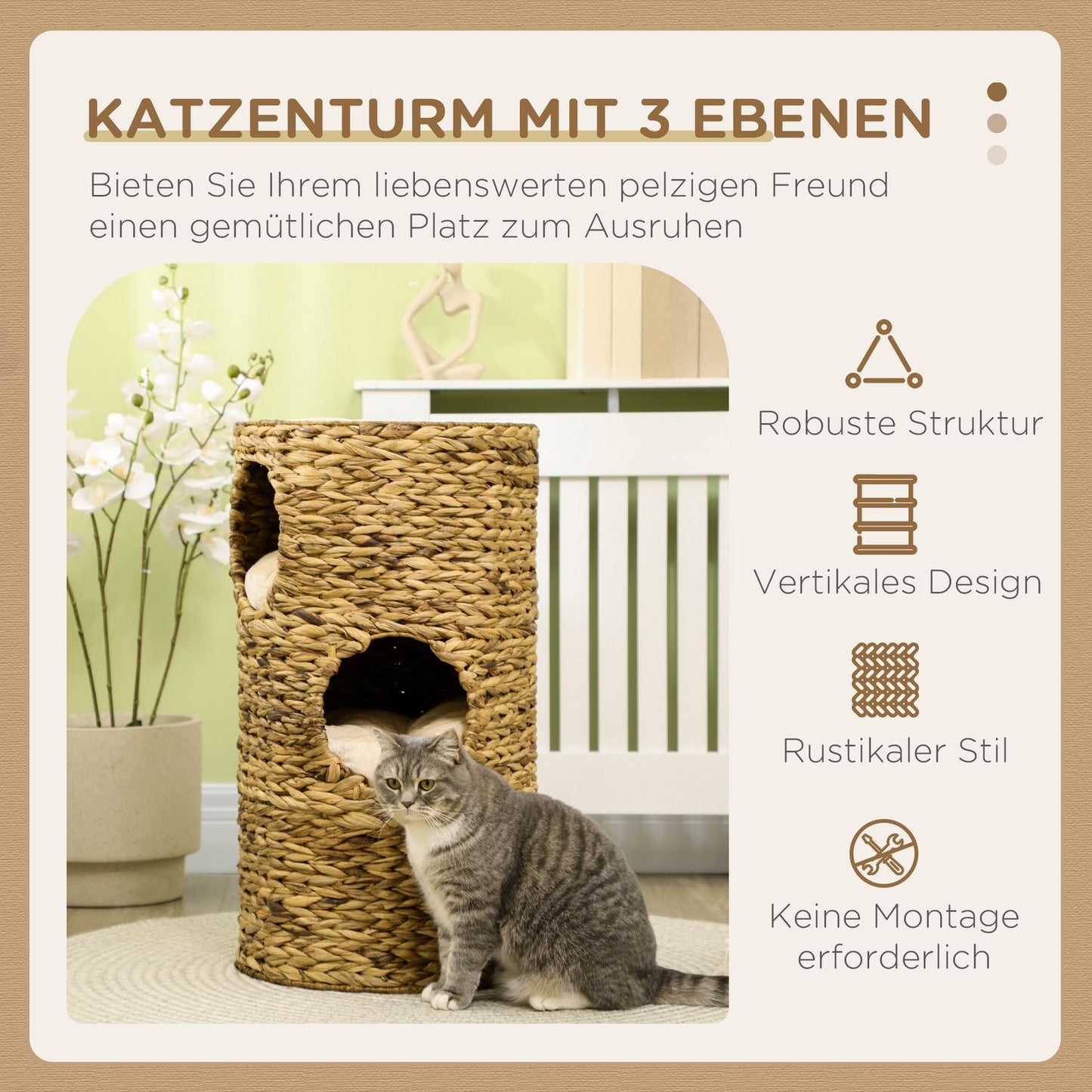 Cat Tower with 3 levels, cushioned, 73 cm - Water hyacinth